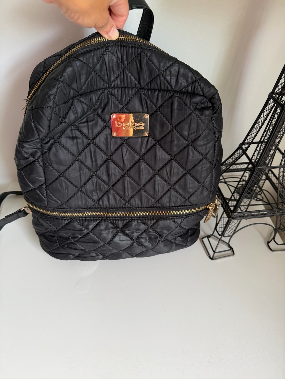 bebe Quilted Black Backpack with Gold-Tone Plate